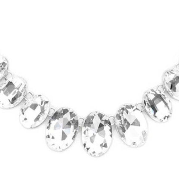 Oval Clear Crystal Link Evening Silver Necklace Set - Picture 3 of 6